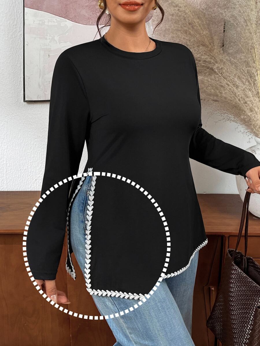 Ženska prugasta pletena bluza plus size sa okruglim izrezom