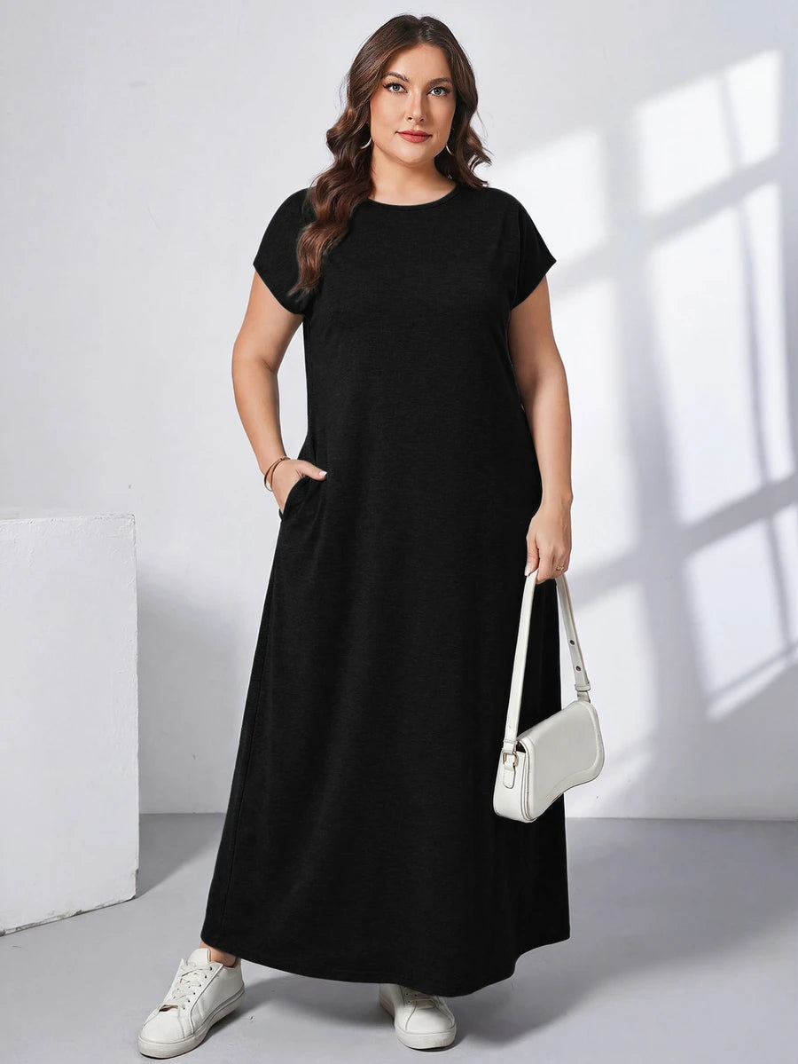 Ženska ležerna haljina plus size, jednobojna, sa okruglim izrezom, kratkim rukavima i džepom
