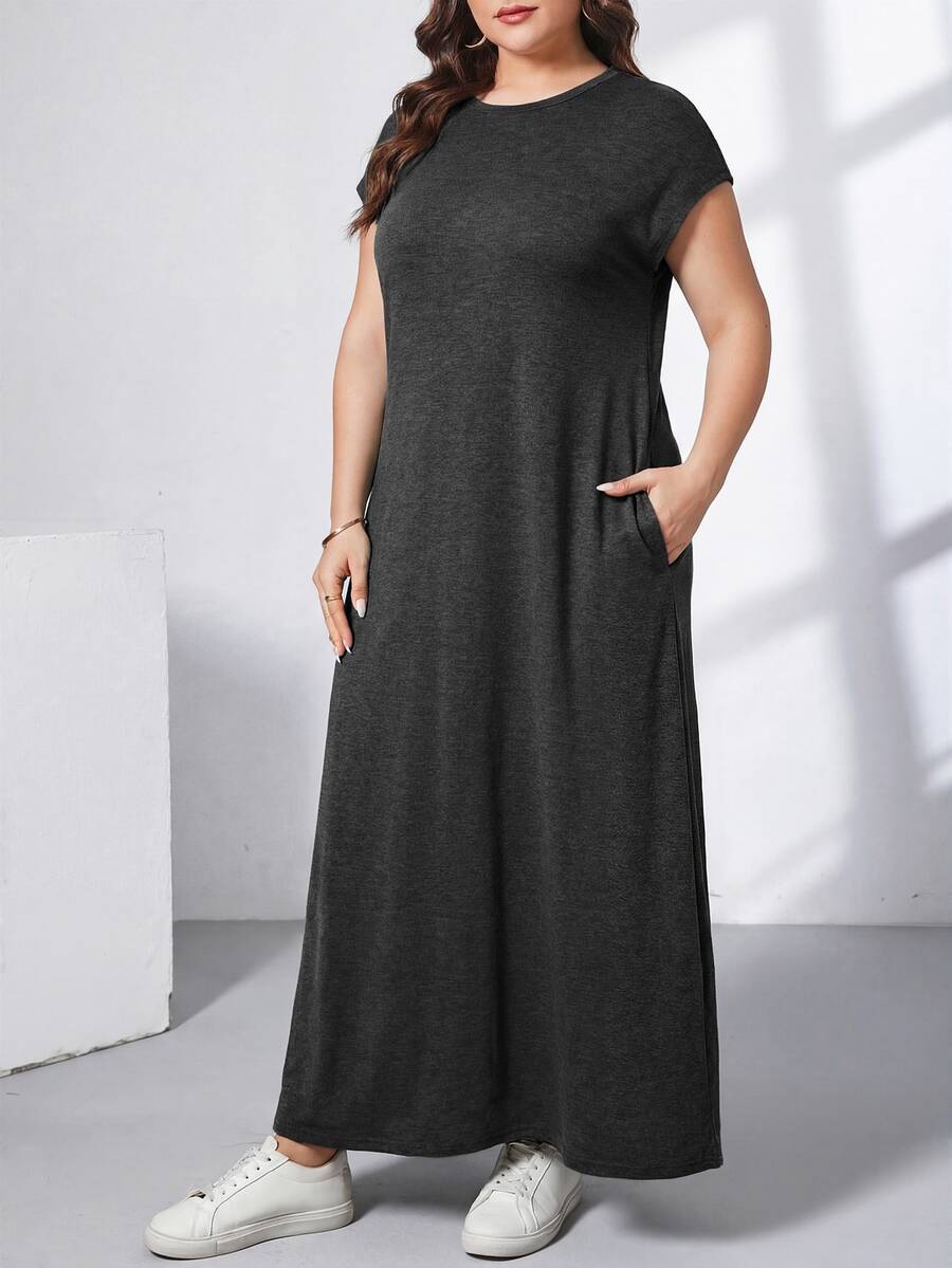 Ženska ležerna haljina plus size, jednobojna, sa okruglim izrezom, kratkim rukavima i džepom