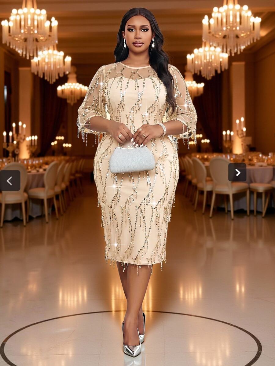 Elegantna crna midi haljina od čipke za žene, plus size, sa 3/4 rukavima