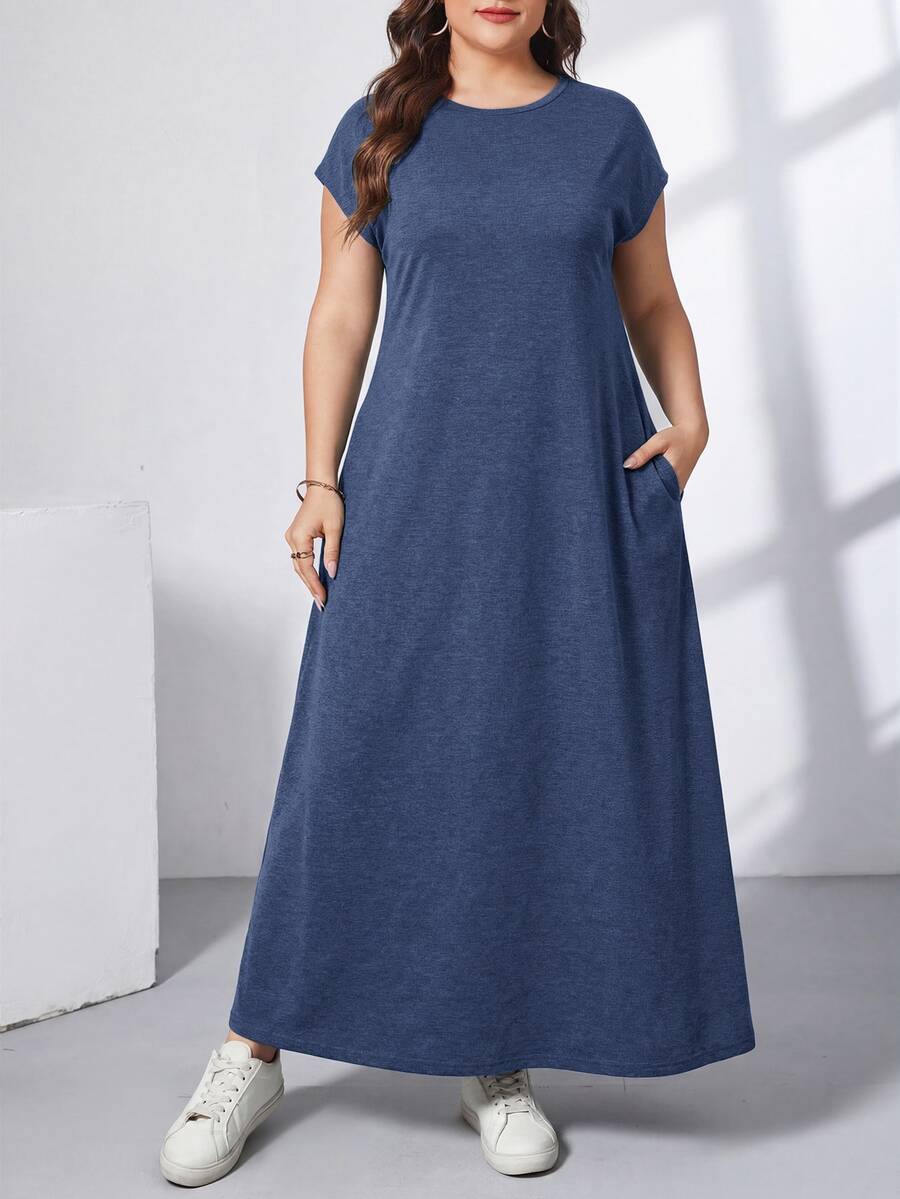 Ženska ležerna haljina plus size, jednobojna, sa okruglim izrezom, kratkim rukavima i džepom