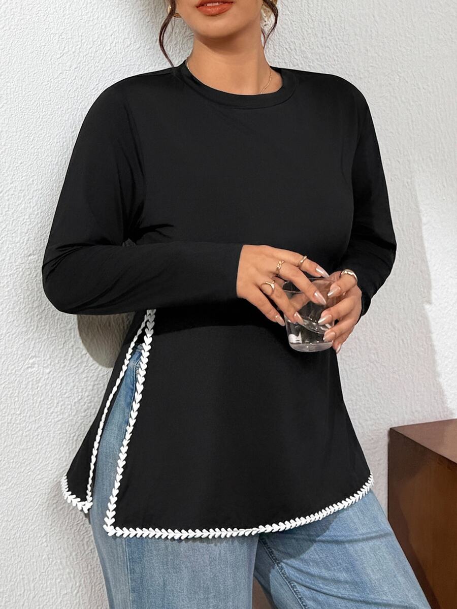 Ženska prugasta pletena bluza plus size sa okruglim izrezom