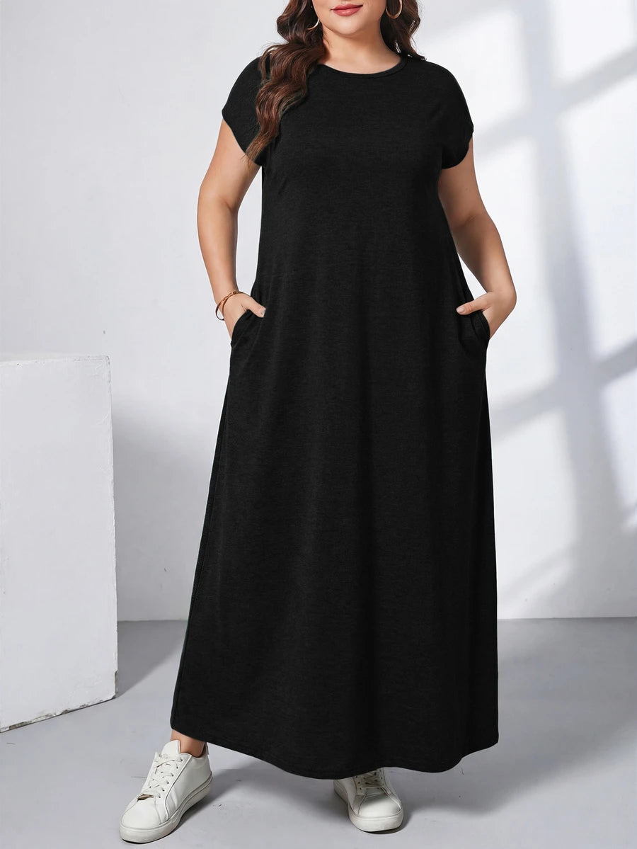 Ženska ležerna haljina plus size, jednobojna, sa okruglim izrezom, kratkim rukavima i džepom