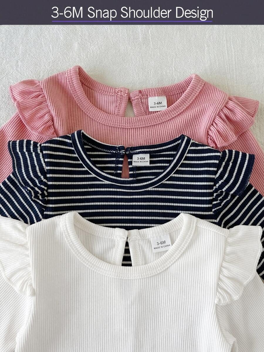 3 kom/set dečijih majica za devojčice, roze i bela prugasta, jesenja, slatka