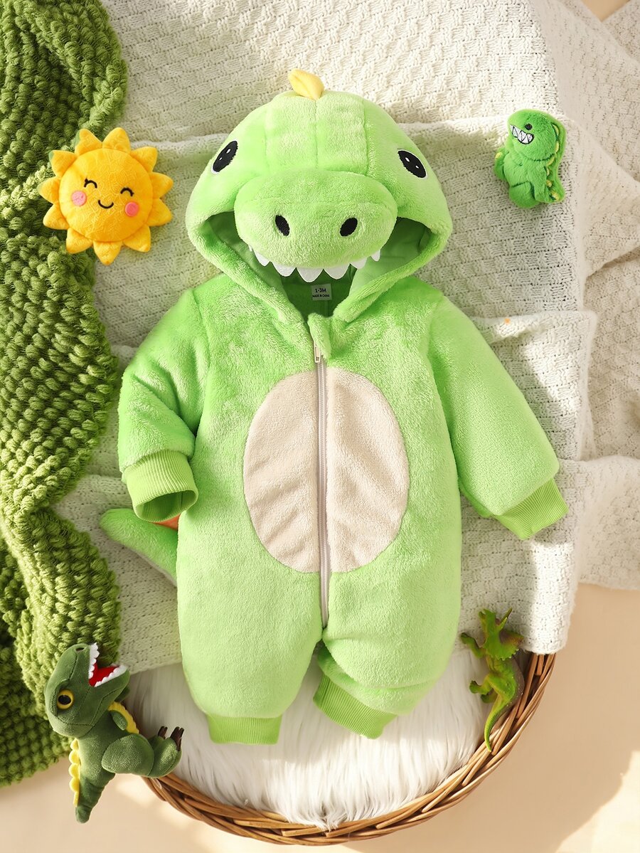 Bebi kombinezon sa kapuljačom, limeta zelena, 3D rep dinosauraura sa bodljama i zubima, dugi rukavi