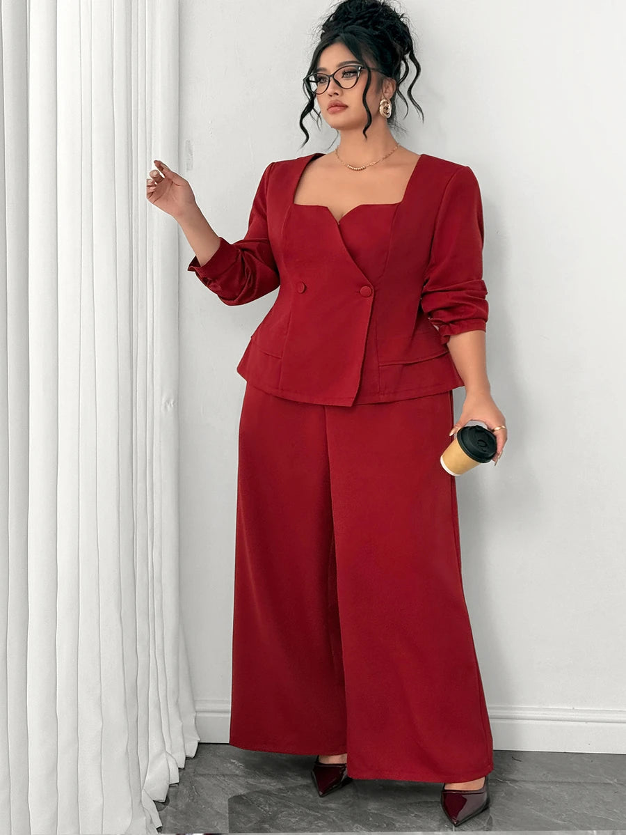 Ženski komplet odelo plus size sa blejzer topom dugih rukava i drapiranim širokim pantalonama