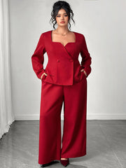 Ženski komplet odelo plus size sa blejzer topom dugih rukava i drapiranim širokim pantalonama