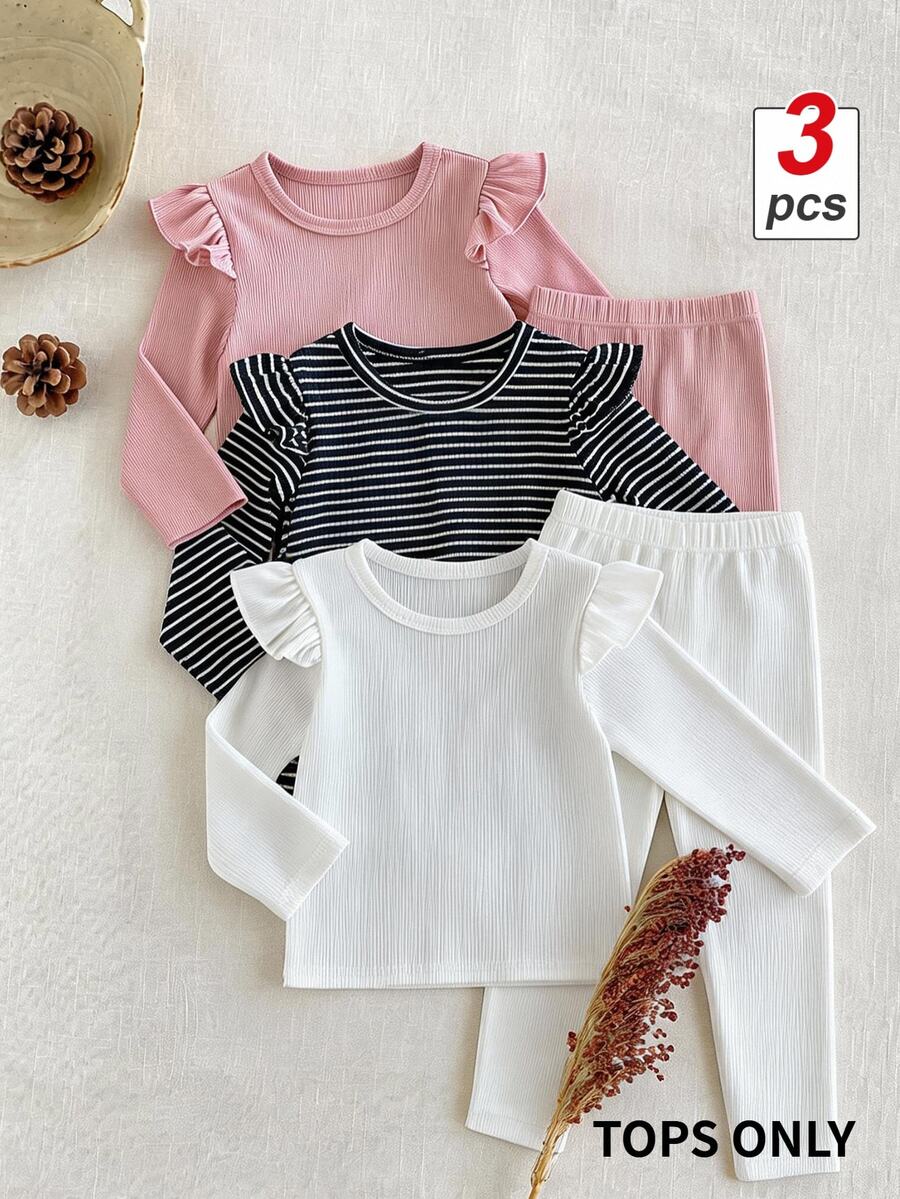 3 kom/set dečijih majica za devojčice, roze i bela prugasta, jesenja, slatka