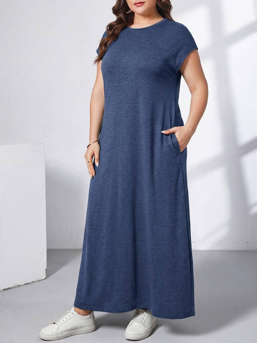 Ženska ležerna haljina plus size, jednobojna, sa okruglim izrezom, kratkim rukavima i džepom