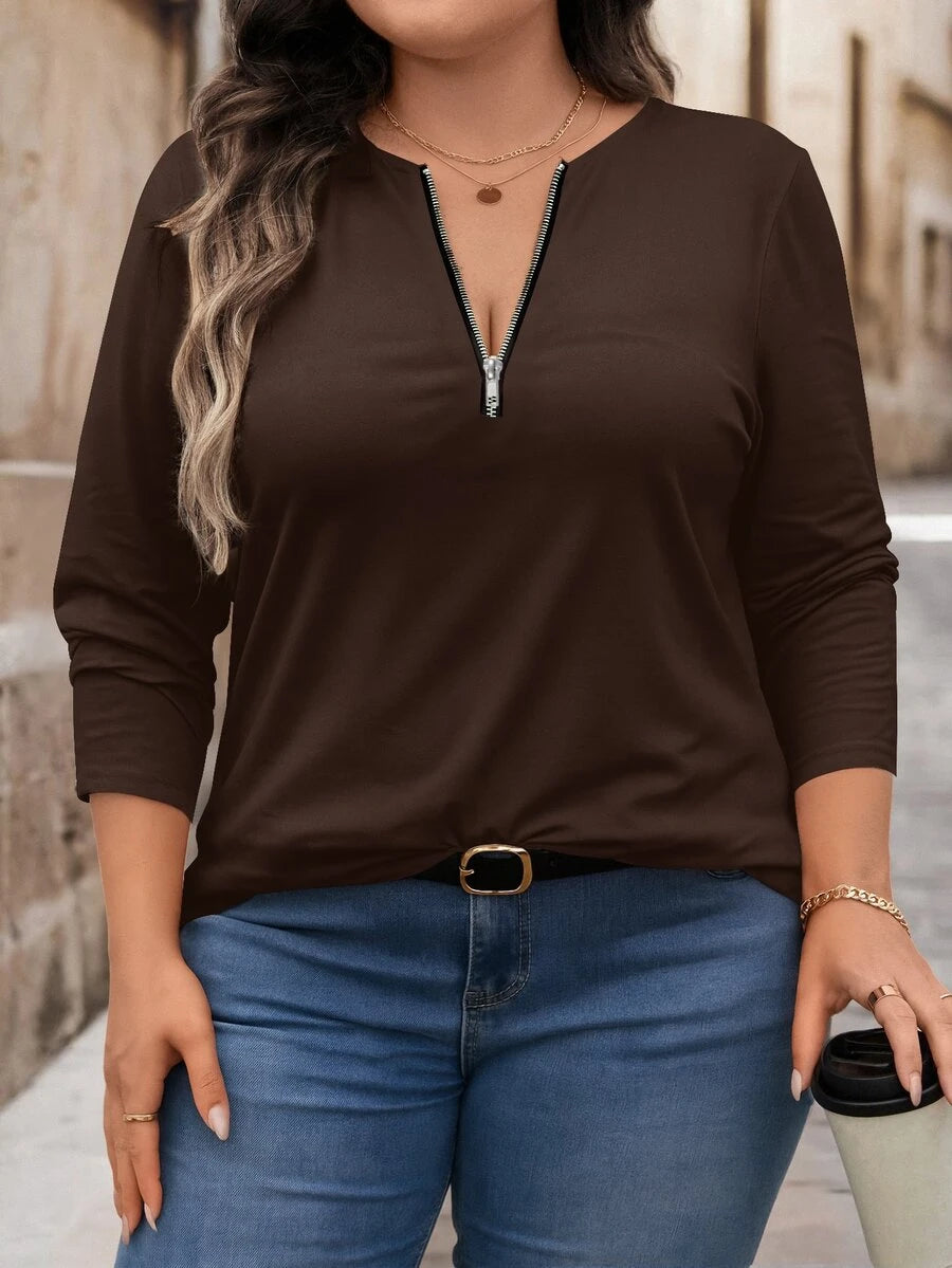 Bluza plus size, širokog kroja, sa polu-ziperom, okruglim izrezom i dugim rukavima