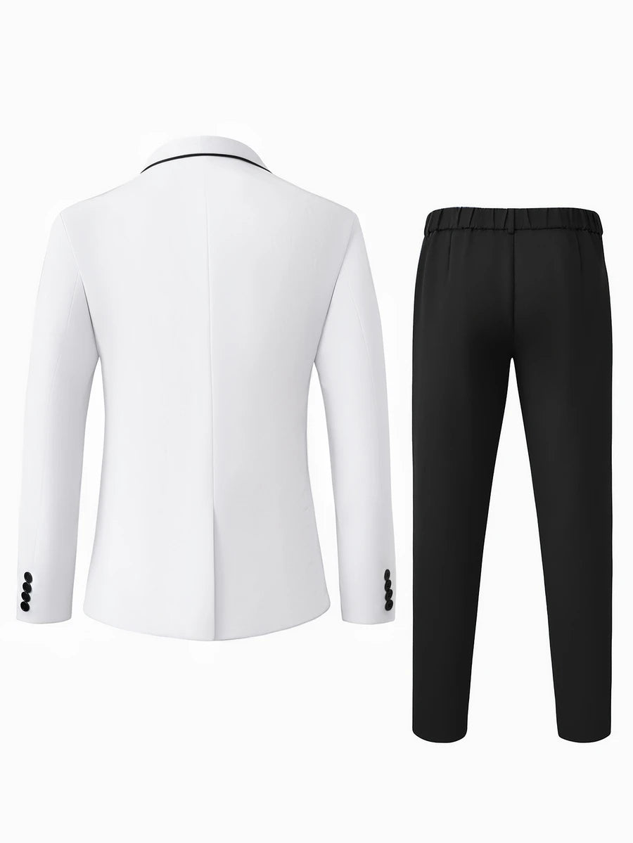 Muški beli uski kroj set od sakoa sa šalom kragnom i crnim detaljima i pantalonama