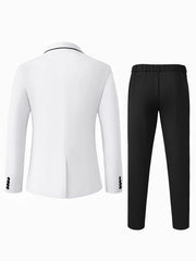 Muški beli uski kroj set od sakoa sa šalom kragnom i crnim detaljima i pantalonama