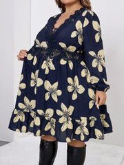 Ležerna letnja haljina za žene plus size sa V-izrezom, čipkastom obodom i cvetnim printom