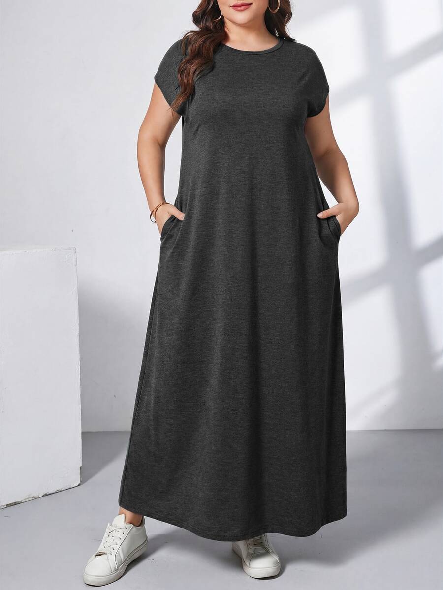 Ženska ležerna haljina plus size, jednobojna, sa okruglim izrezom, kratkim rukavima i džepom