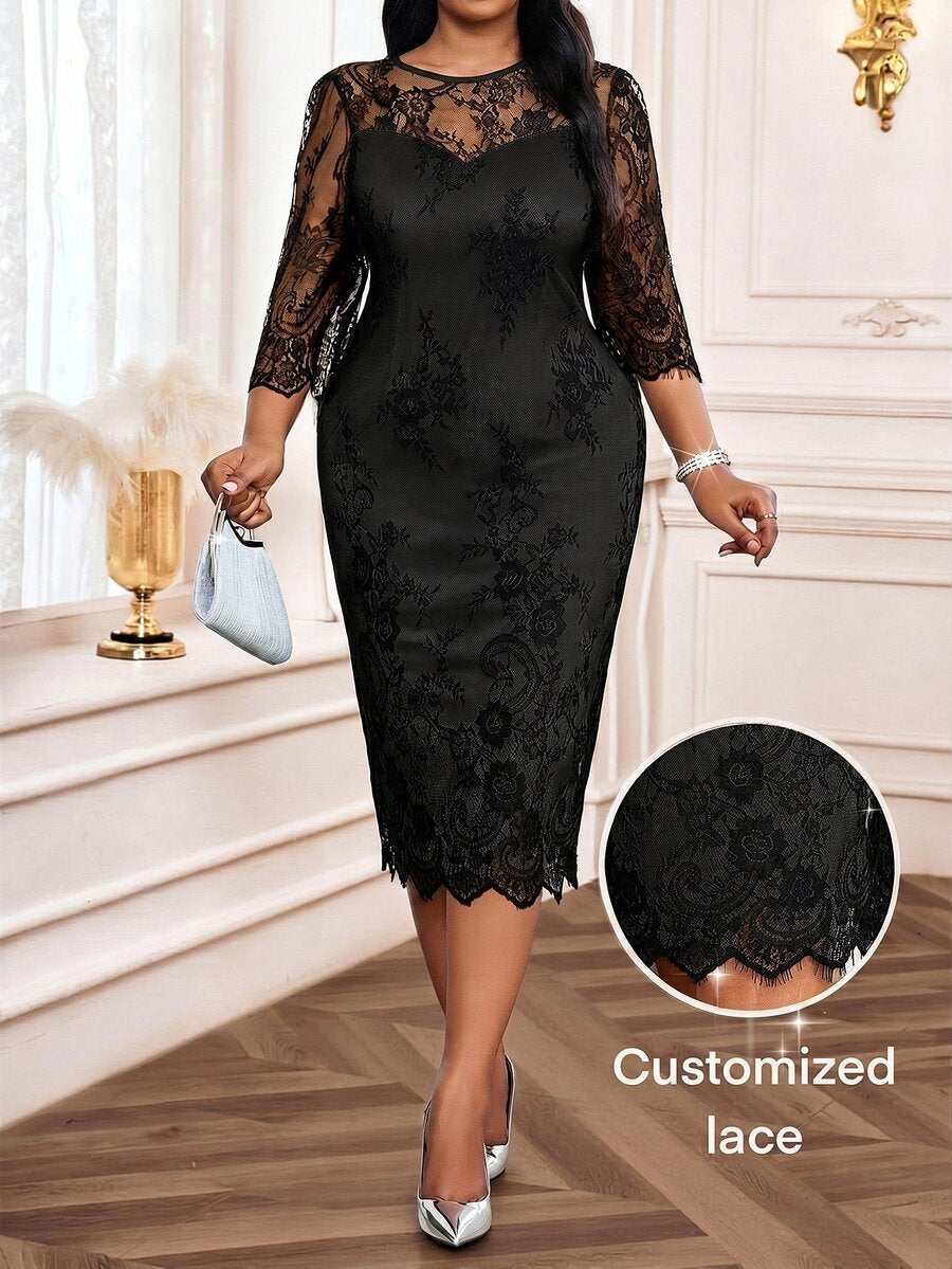 Elegantna crna midi haljina od čipke za žene, plus size, sa 3/4 rukavima