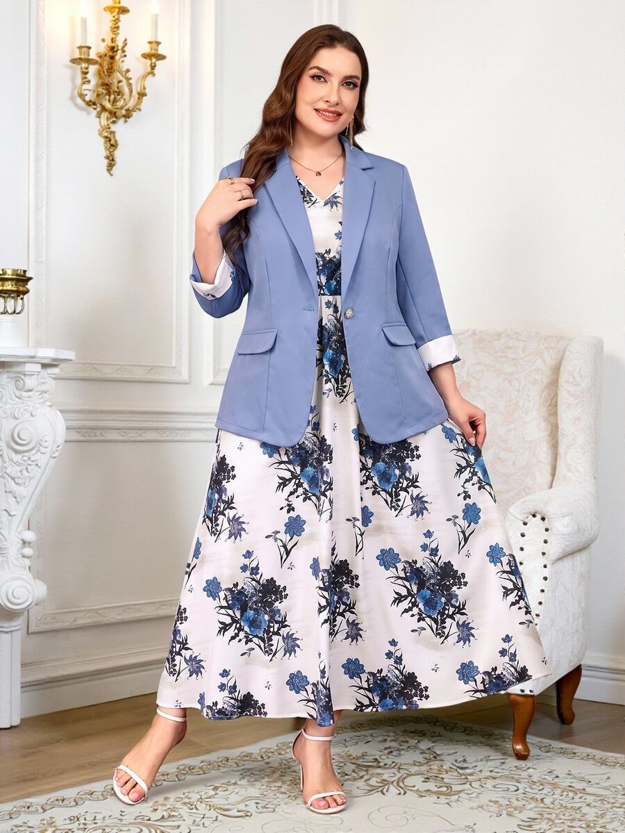 Clasi Set sa sakoom i haljinom sa cvetnim dezenom, plus size