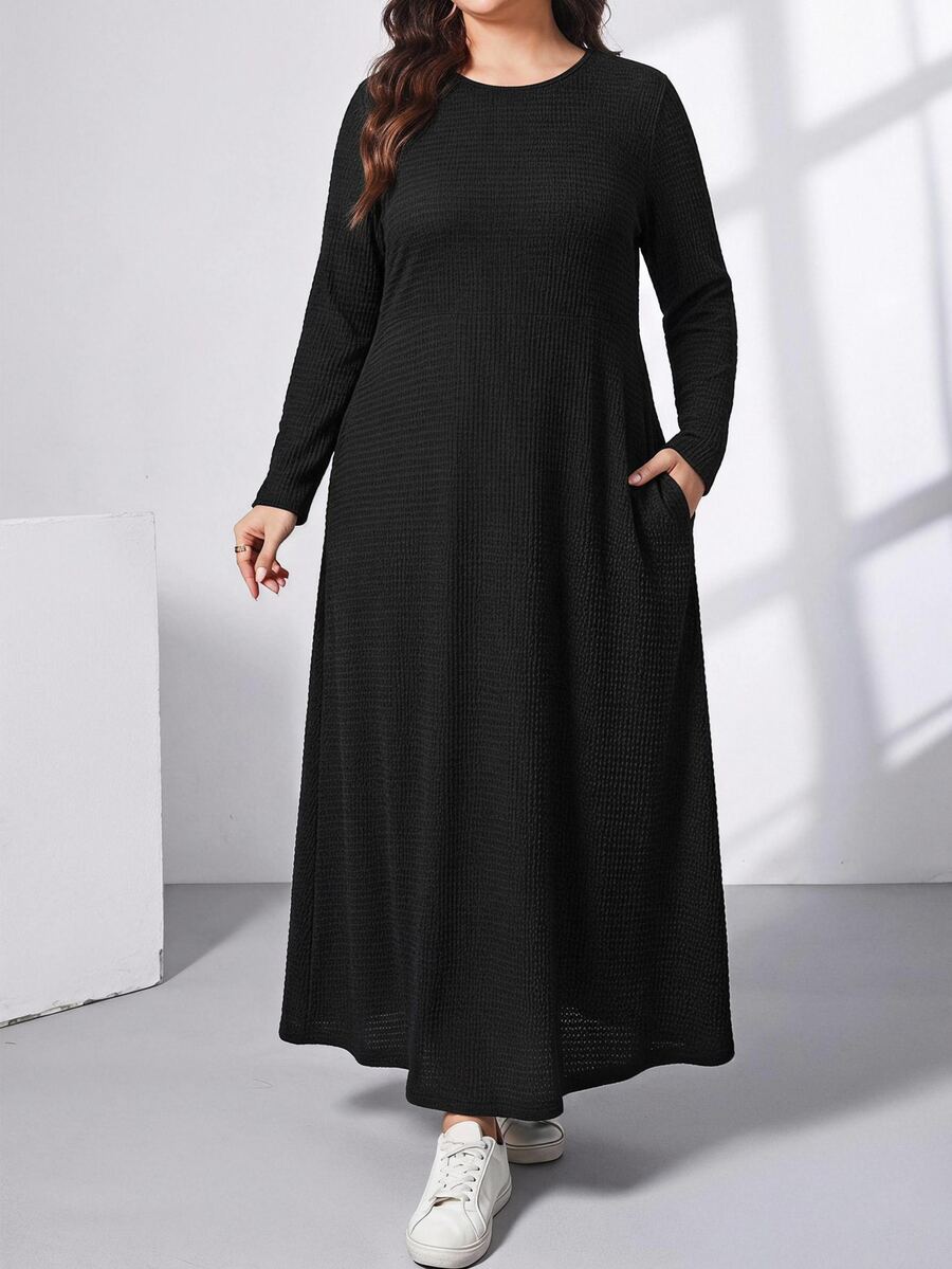 Ženska ležerna haljina plus size, jednobojna, sa okruglim izrezom, kratkim rukavima i džepom