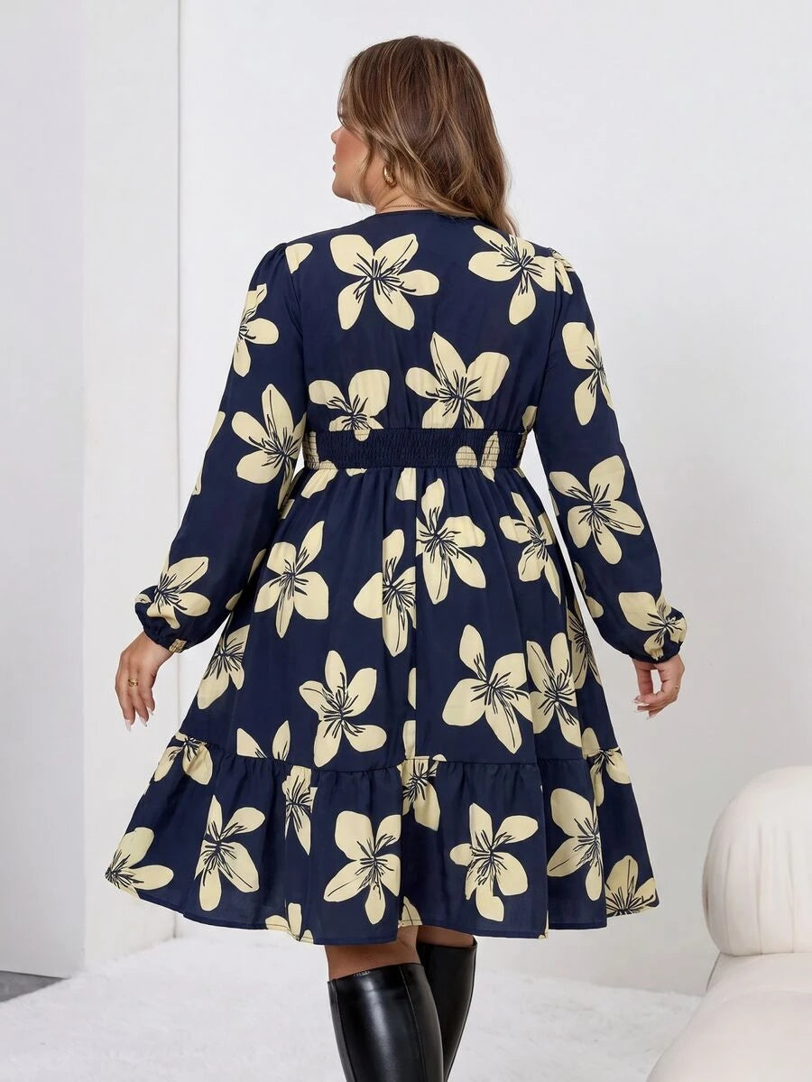 Ležerna letnja haljina za žene plus size sa V-izrezom, čipkastom obodom i cvetnim printom