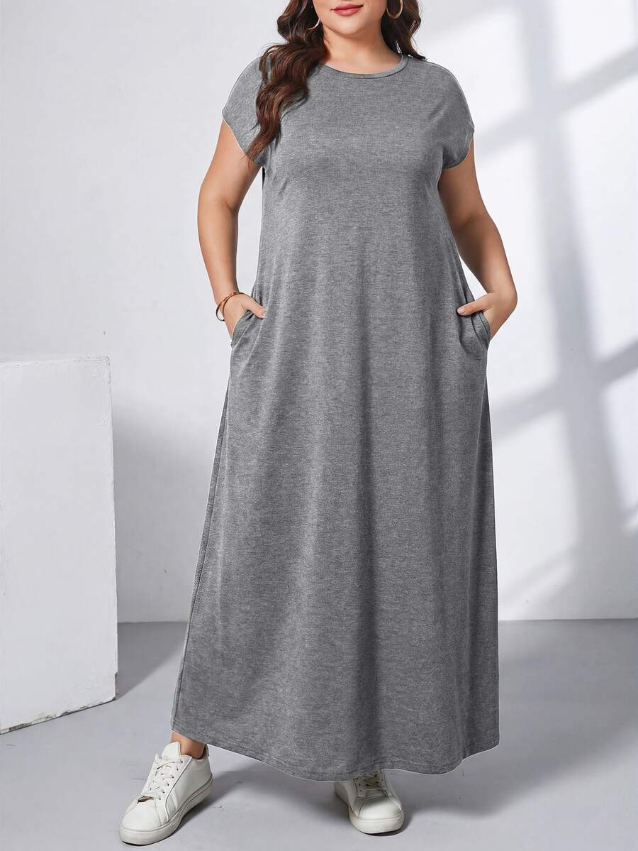 Ženska ležerna haljina plus size, jednobojna, sa okruglim izrezom, kratkim rukavima i džepom