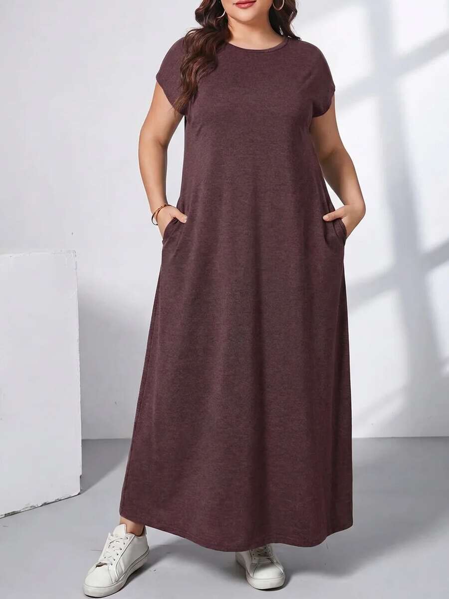 Ženska ležerna haljina plus size, jednobojna, sa okruglim izrezom, kratkim rukavima i džepom