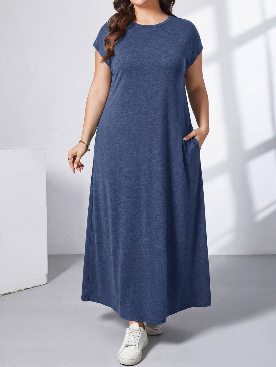 Ženska ležerna haljina plus size, jednobojna, sa okruglim izrezom, kratkim rukavima i džepom