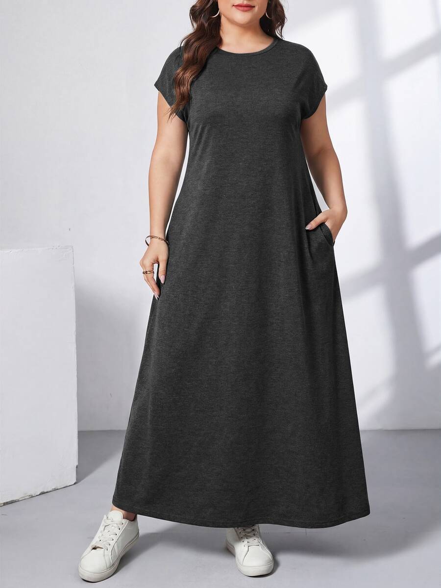 Ženska ležerna haljina plus size, jednobojna, sa okruglim izrezom, kratkim rukavima i džepom