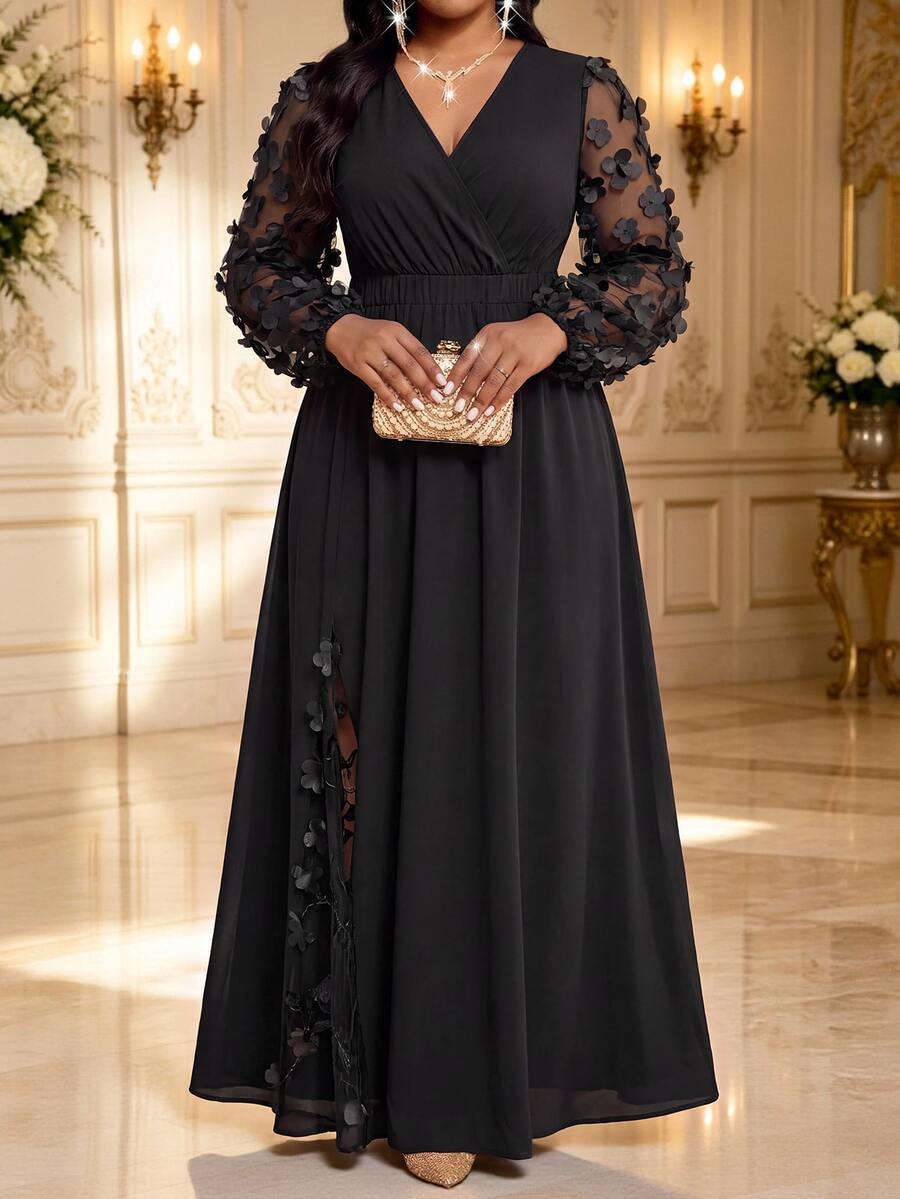 Elegantna haljina , plus size, sa vezom i mrežastim detaljima