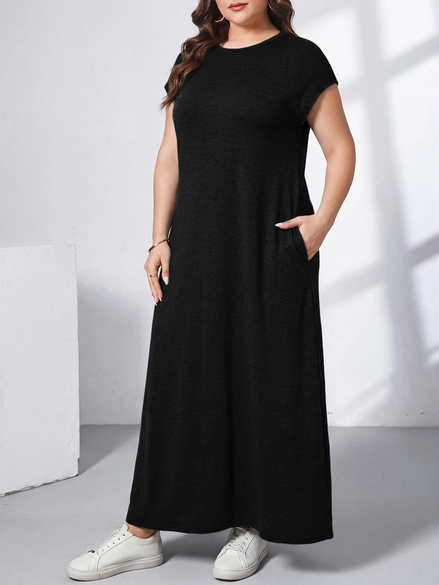 Ženska ležerna haljina plus size, jednobojna, sa okruglim izrezom, kratkim rukavima i džepom