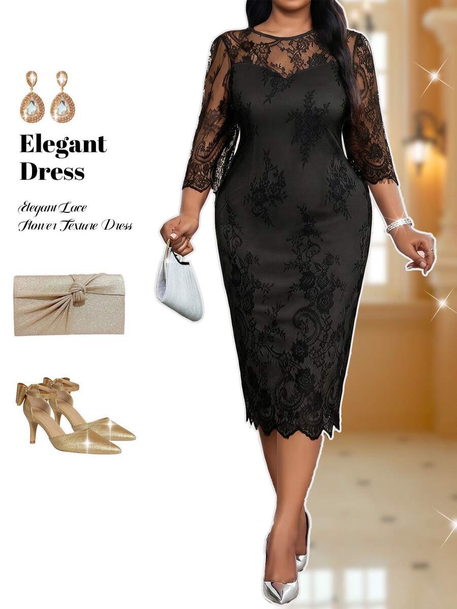Elegantna crna midi haljina od čipke za žene, plus size, sa 3/4 rukavima