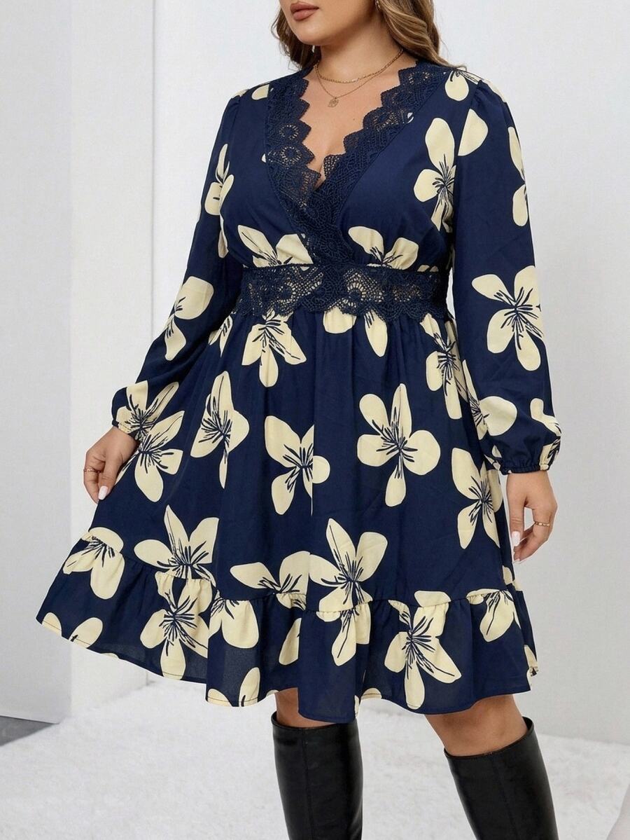 Ležerna letnja haljina za žene plus size sa V-izrezom, čipkastom obodom i cvetnim printom