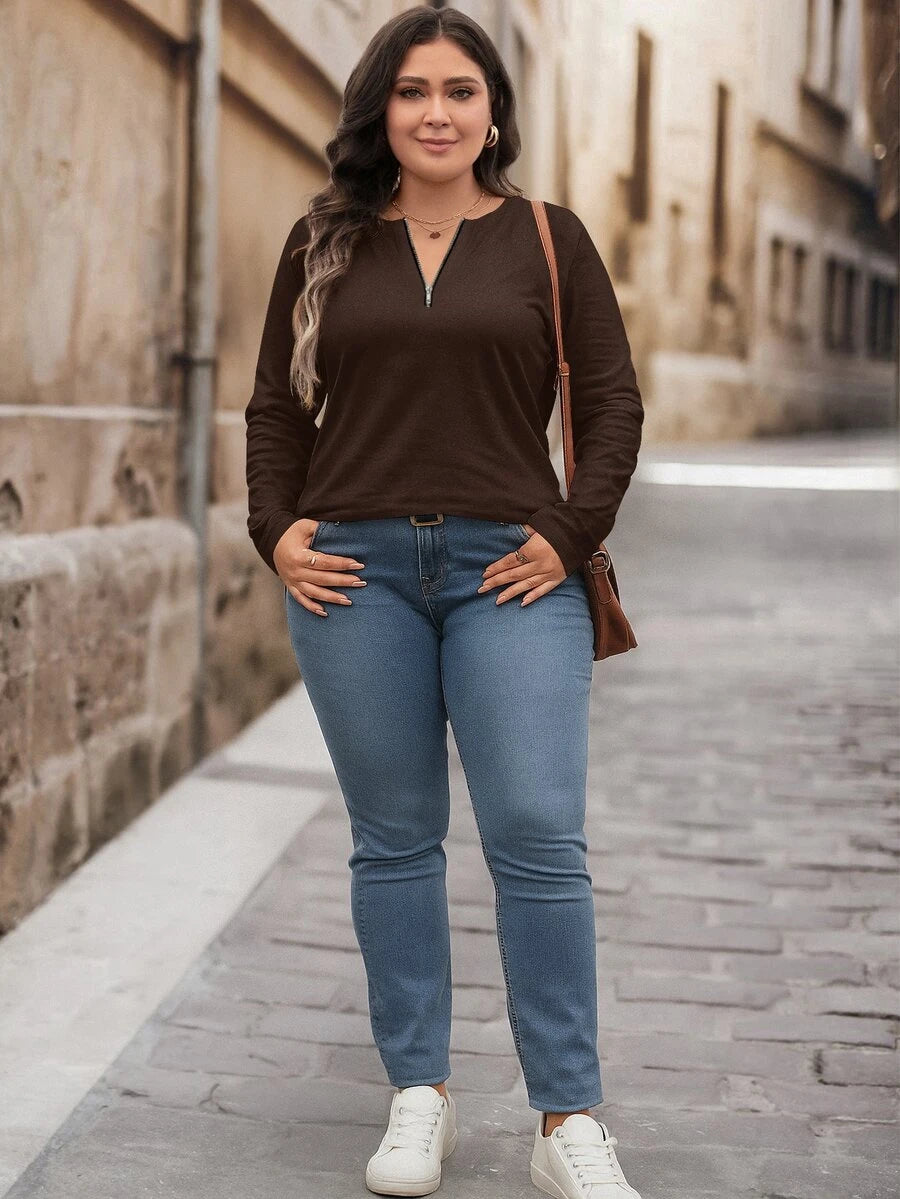 Bluza plus size, širokog kroja, sa polu-ziperom, okruglim izrezom i dugim rukavima