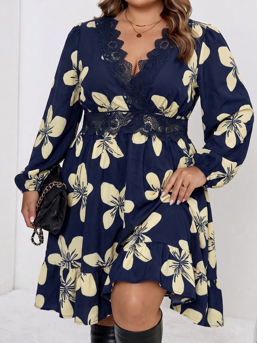 Ležerna letnja haljina za žene plus size sa V-izrezom, čipkastom obodom i cvetnim printom