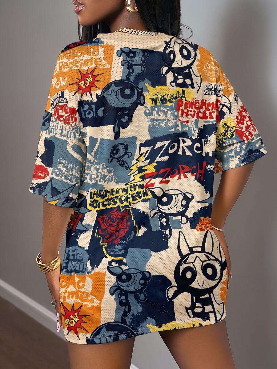 LOONEY TUNES Ležerna crna haljina za leto sa V izrezom i kratkim rukavima, plus size