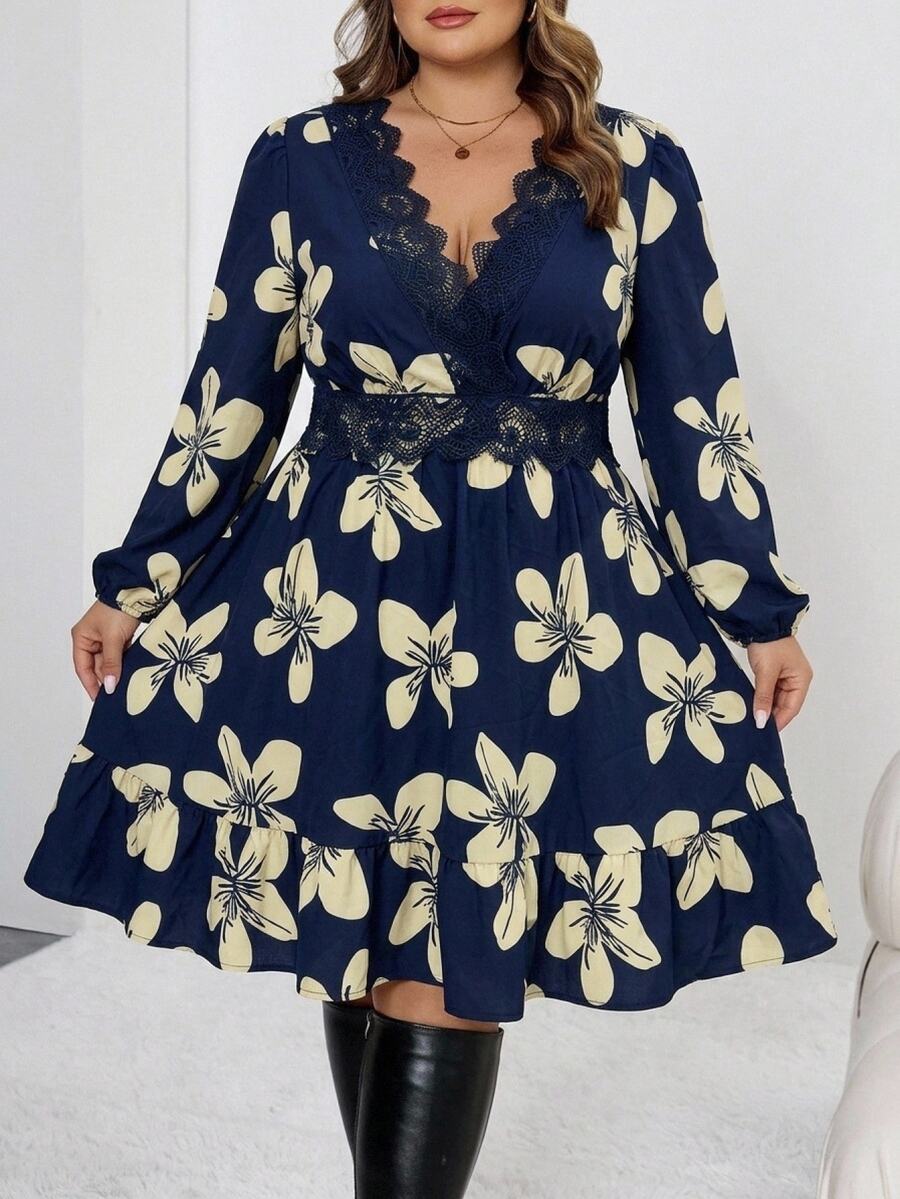 Ležerna letnja haljina za žene plus size sa V-izrezom, čipkastom obodom i cvetnim printom