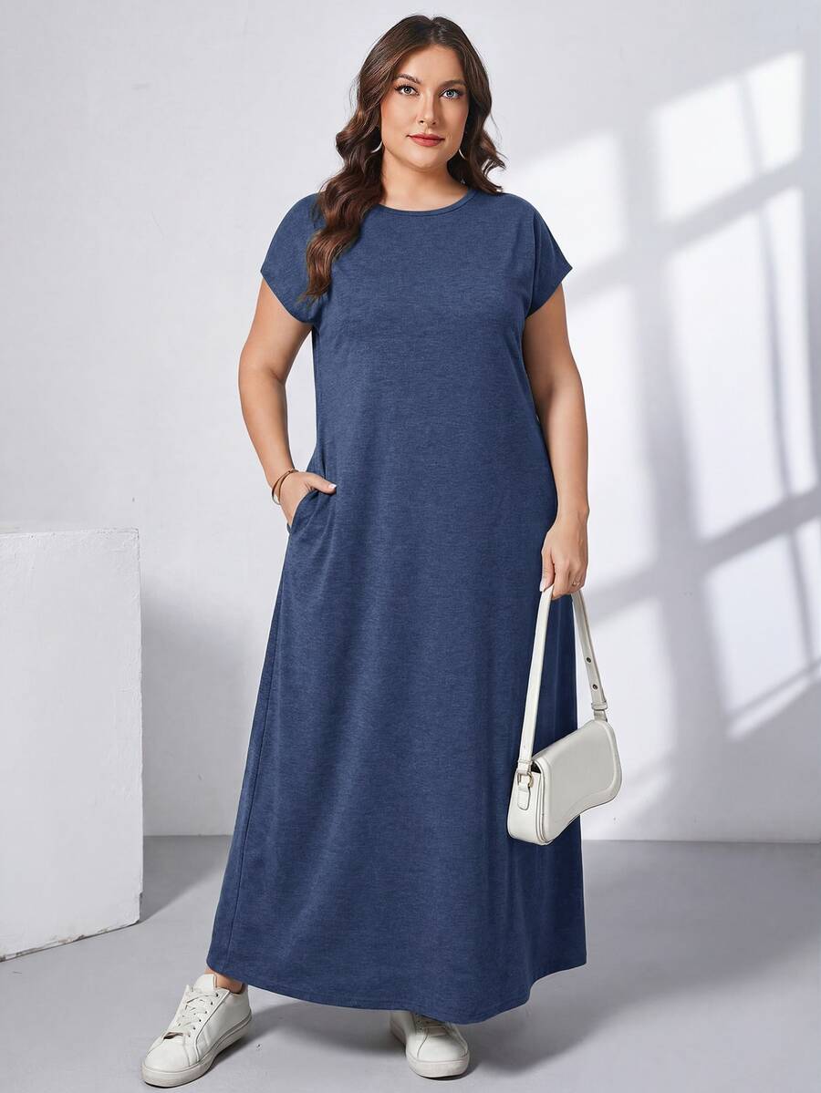 Ženska ležerna haljina plus size, jednobojna, sa okruglim izrezom, kratkim rukavima i džepom