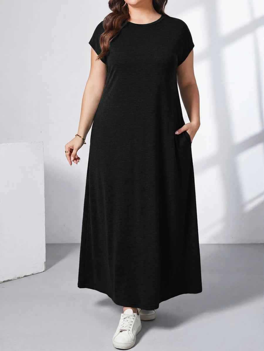 Ženska ležerna haljina plus size, jednobojna, sa okruglim izrezom, kratkim rukavima i džepom