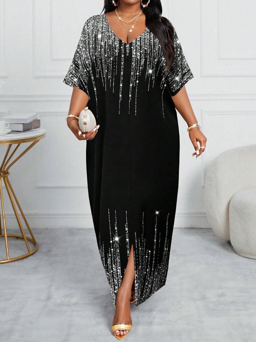 Elegantna kaftan haljina  šarena pletena, sa izrezom na kragni