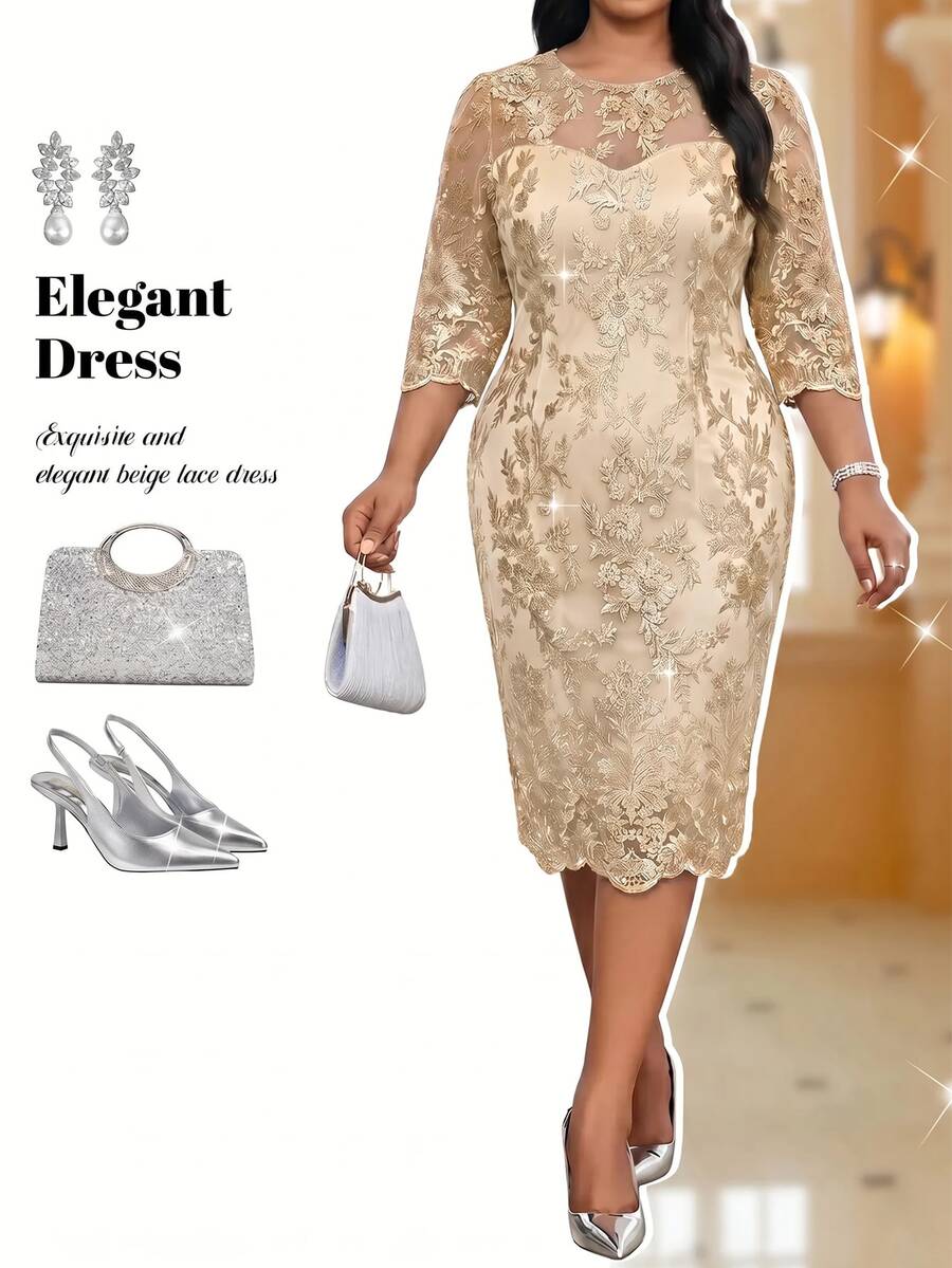 Elegantna crna midi haljina od čipke za žene, plus size, sa 3/4 rukavima