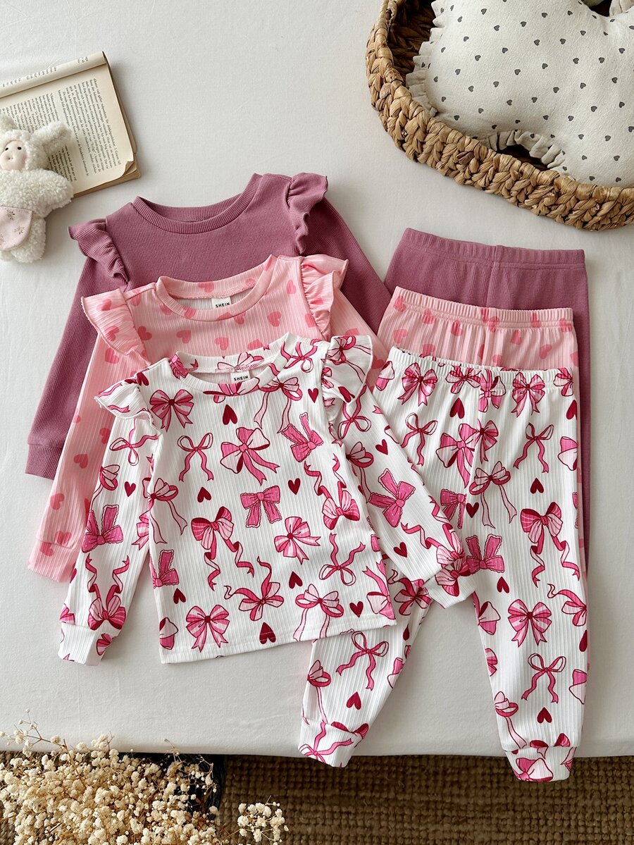 Set od 6 komada za devojčice bebe: pletena majica sa srcastim uzorkom, okruglim izrezom  i duge pantalone