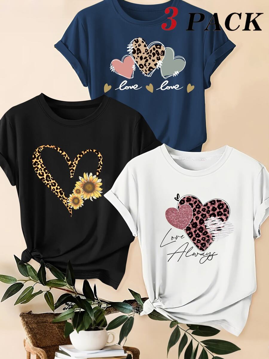 3 kom/set letnjih majica: ležerna majica plus size sa leopard printom, srcem i slogan grafikom