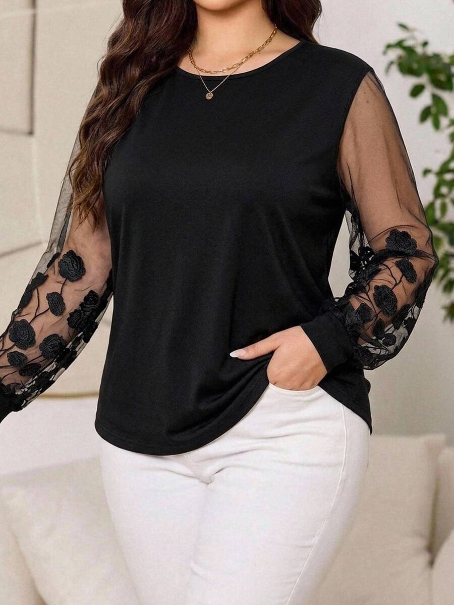 Ženska providna mrežasta bluza sa lantern rukavima, plus size