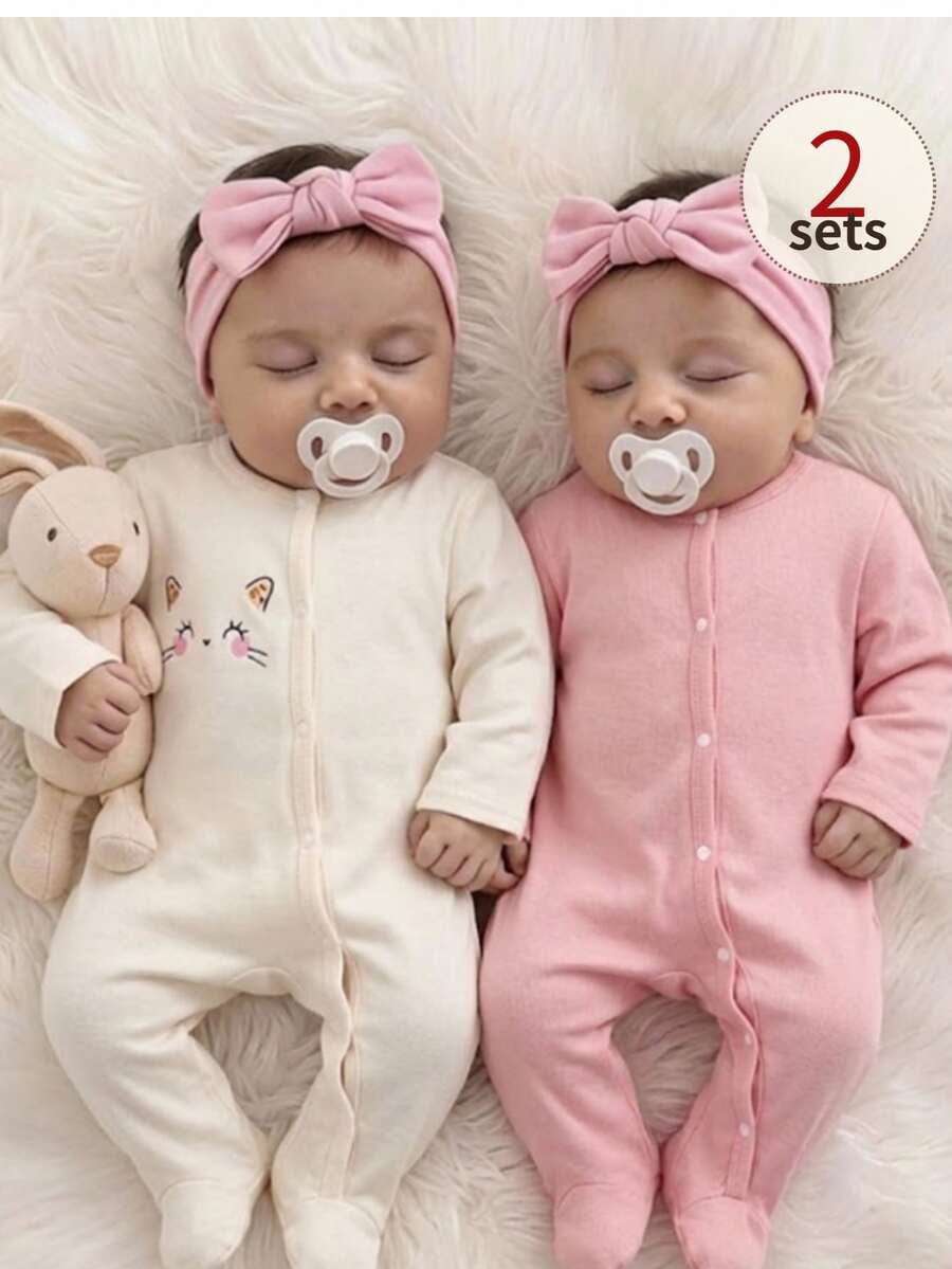 3 komada dečijih kombinezona za devojčice, slatki i nežni, roze i krem, rebrasti sa printom višnje