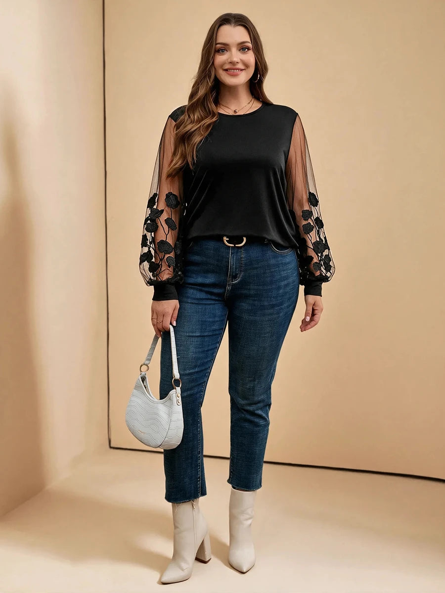 Ženska providna mrežasta bluza sa lantern rukavima, plus size