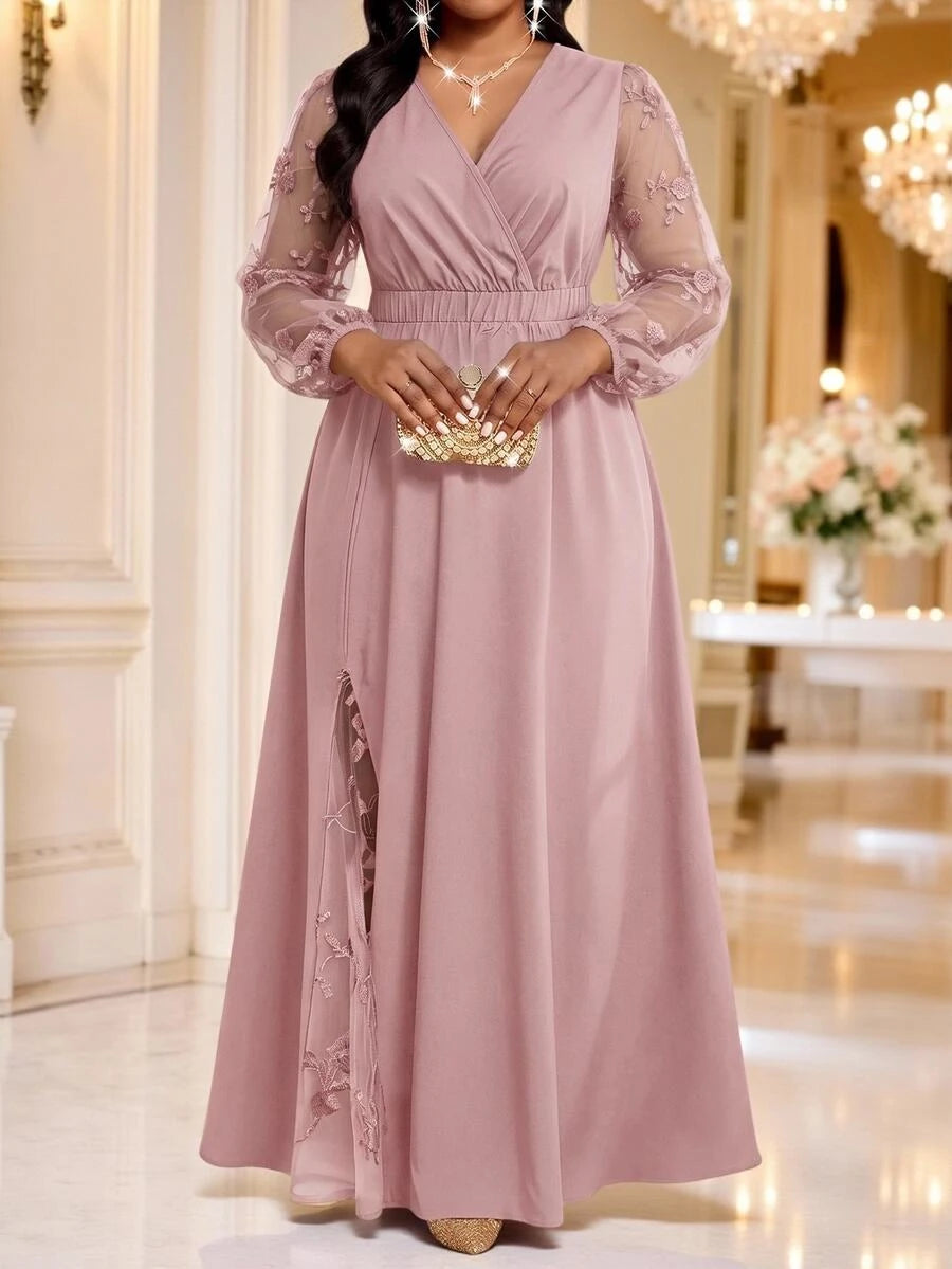Elegantna haljina , plus size, sa vezom i mrežastim detaljima