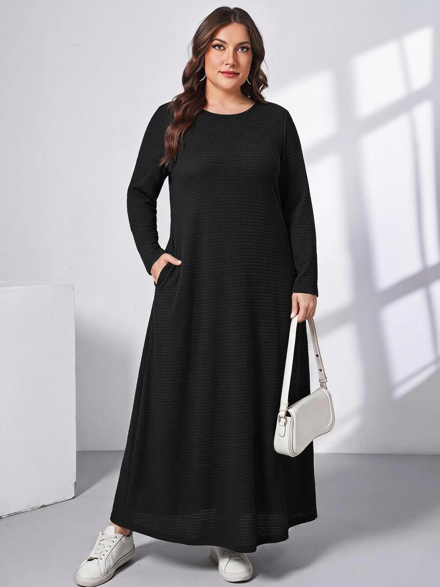 Ženska ležerna haljina plus size, jednobojna, sa okruglim izrezom, kratkim rukavima i džepom