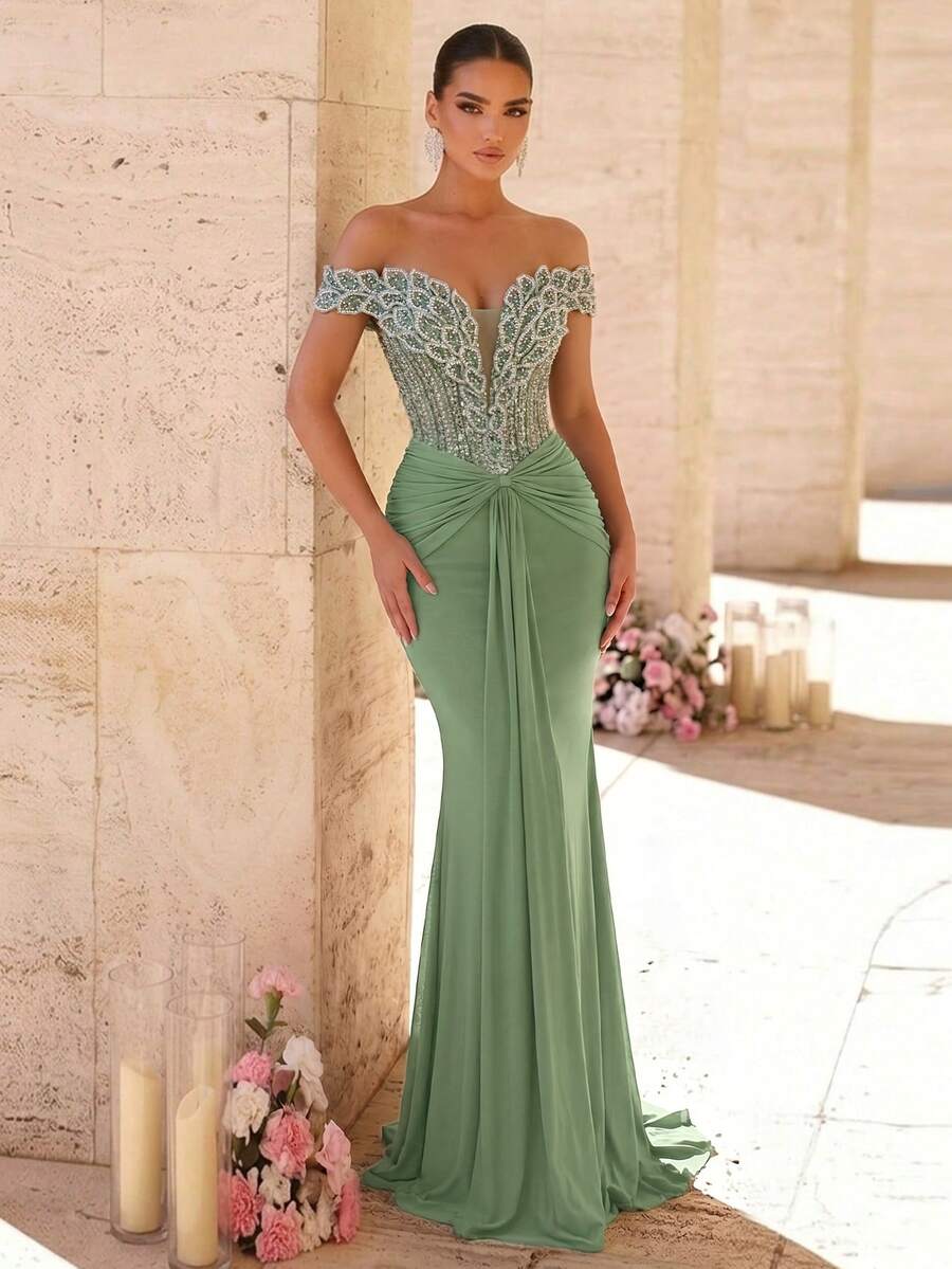 Elegantna luksuzna sirenina haljina za žene sa spuštenim ramenima