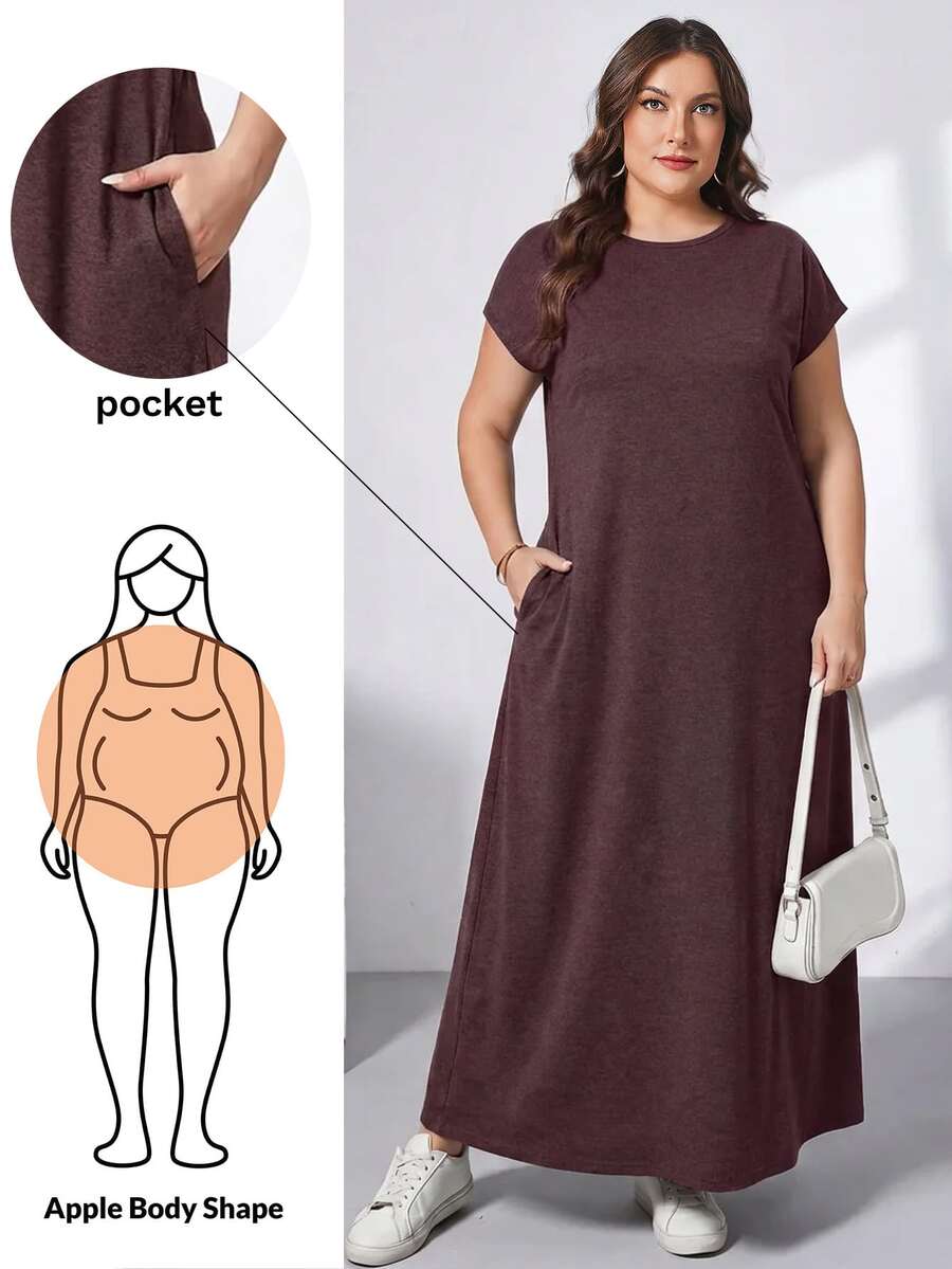 Ženska ležerna haljina plus size, jednobojna, sa okruglim izrezom, kratkim rukavima i džepom