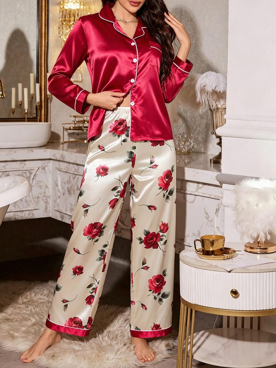 Set od svile sa cvetnim printom, dugih rukava i dugih pantalona
