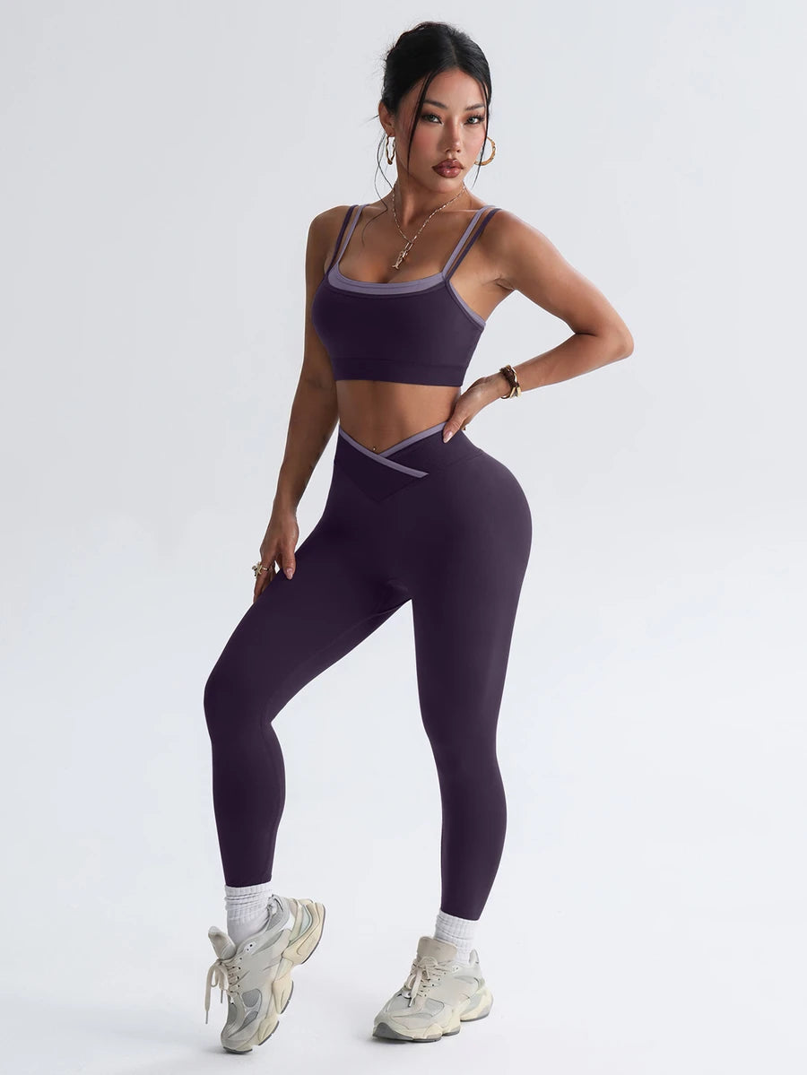 Bešavni ženski set za fitnes i svaki dan, visoko elastičan, sportski, sa efektom zatezanja struka i podizanja zadnjice