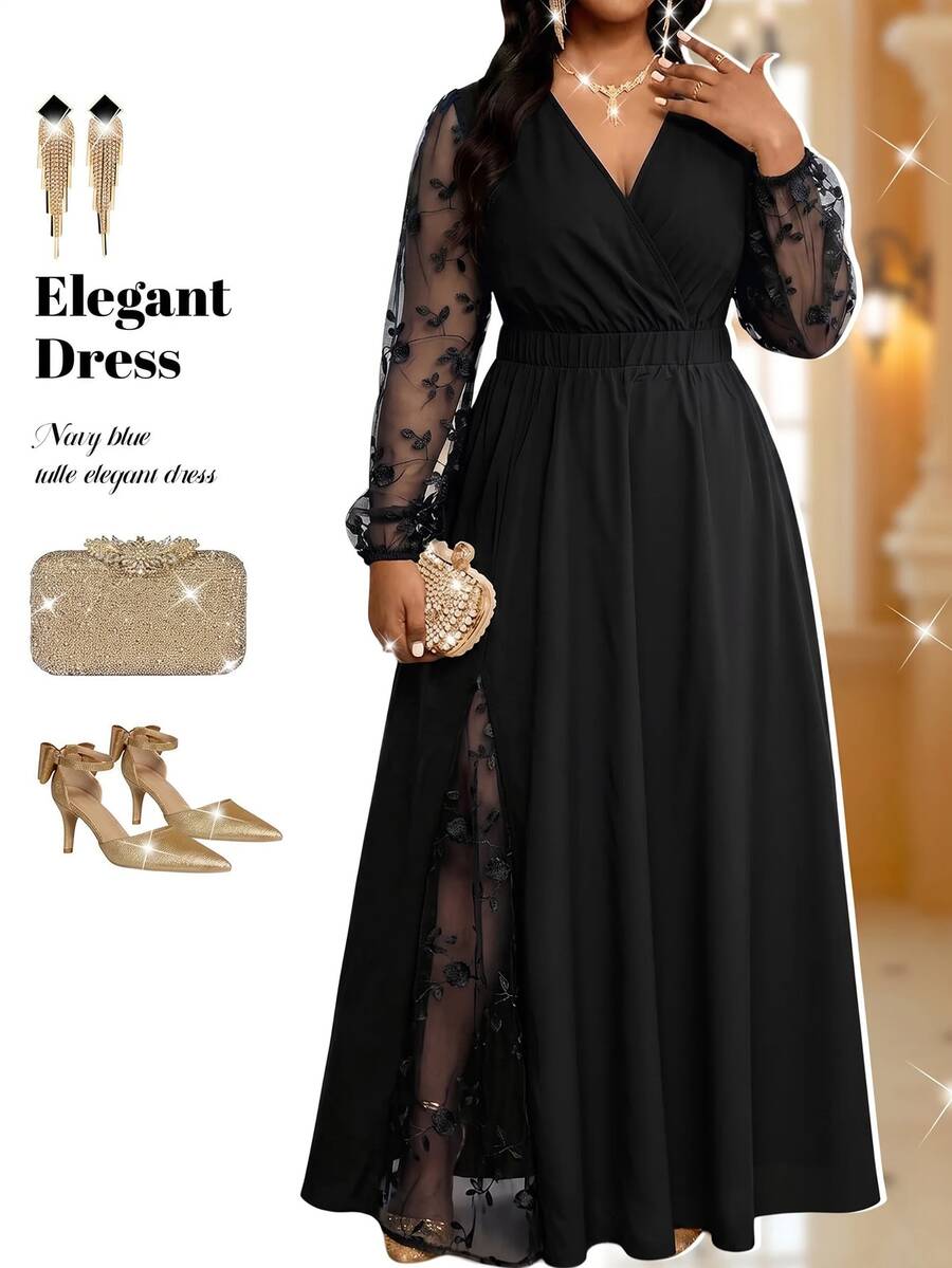 Elegantna haljina , plus size, sa vezom i mrežastim detaljima